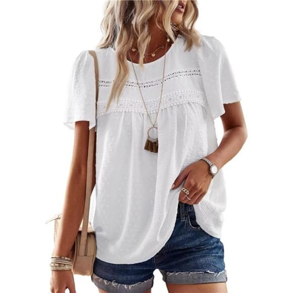 Womens Summer Tops Crewneck Short Sleeve Shirts Casual Chiffon Blouses Flowy - Picture 1 of 5